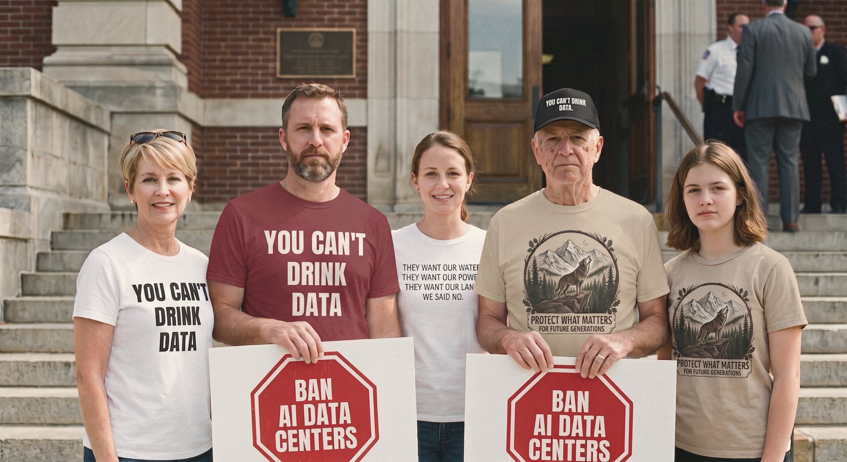 Five residents on the county building steps after a hearing, wearing Global Data Centers shirts and holding Ban AI Data Centers boards
